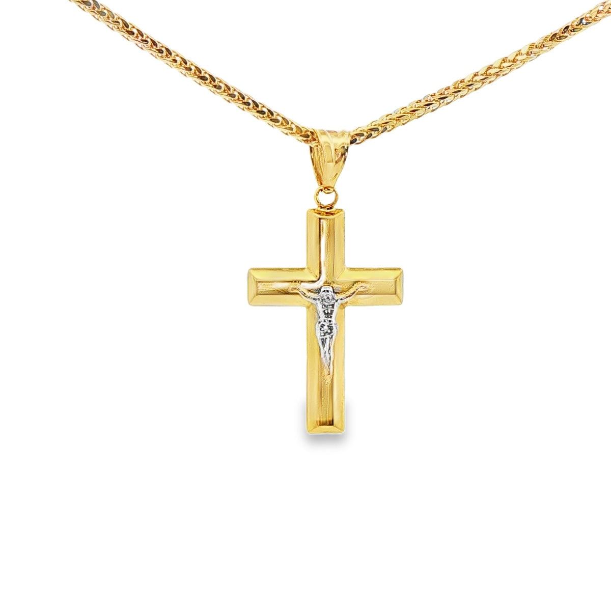 DIJE DE CRUZ EN ORO 14K CON FIGURA EN ORO BLANCO