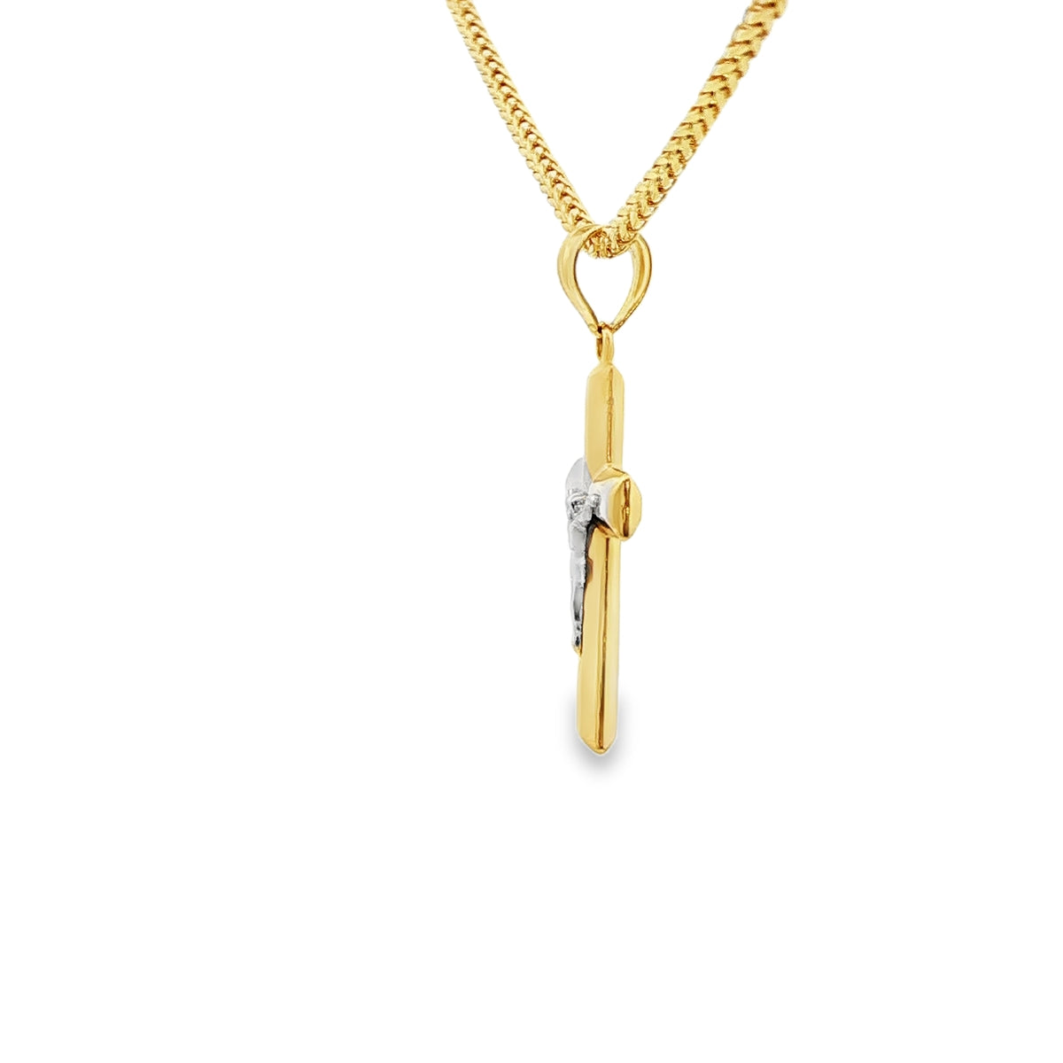 DIJE DE CRUZ EN ORO 14K CON FIGURA EN ORO BLANCO