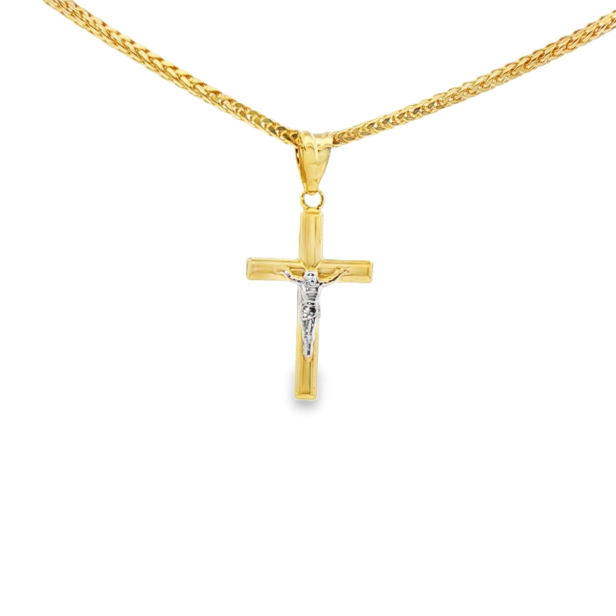 CRUZ DE ORO 14K CON FIGURA EN ORO BLANCO