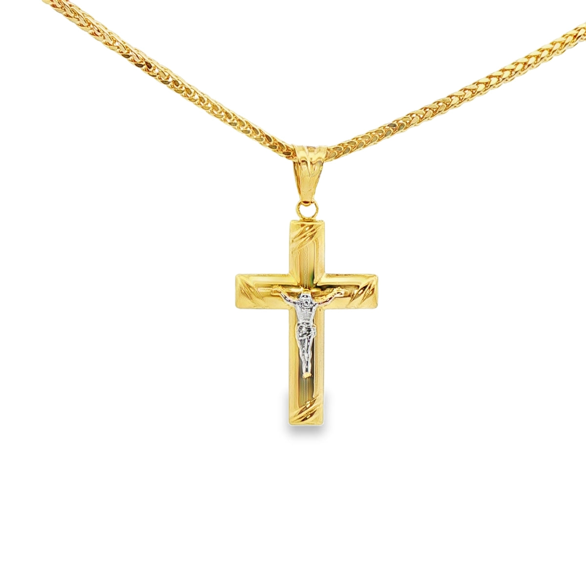 DIJE DE CRUZ EN ORO 14K CON FIGURA EN ORO BLANCO