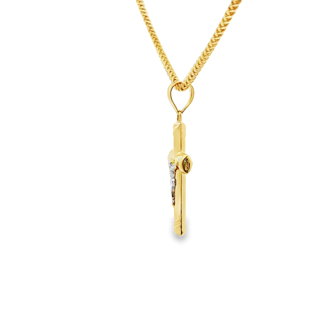 DIJE DE CRUZ EN ORO 14K CON FIGURA EN ORO BLANCO