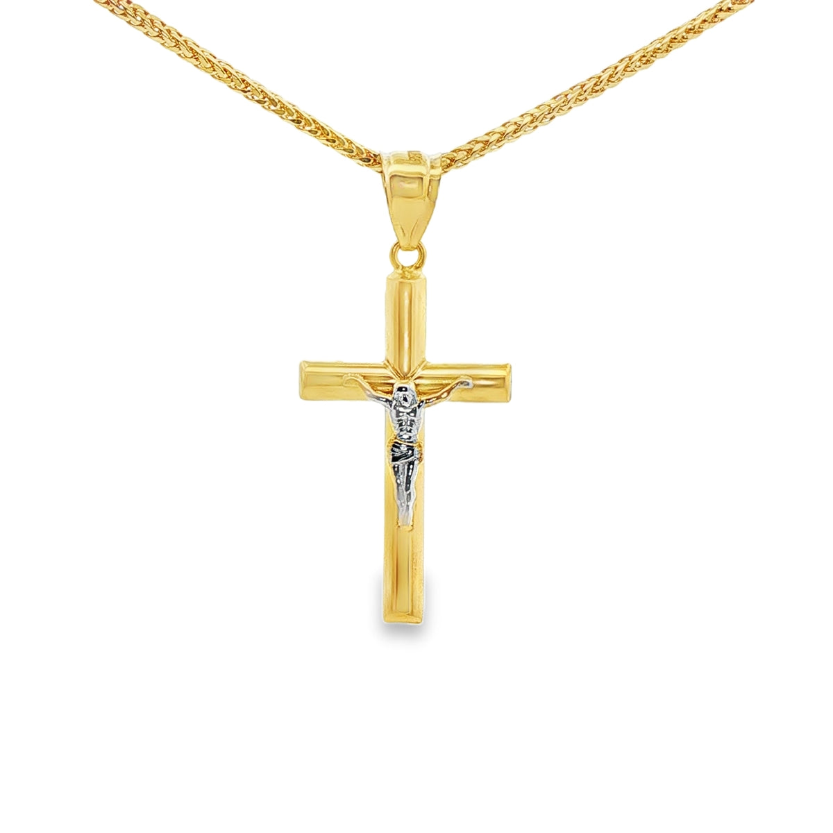 DIJE DE CRUZ EN ORO 14K CON FIGURA EN ORO BLANCO