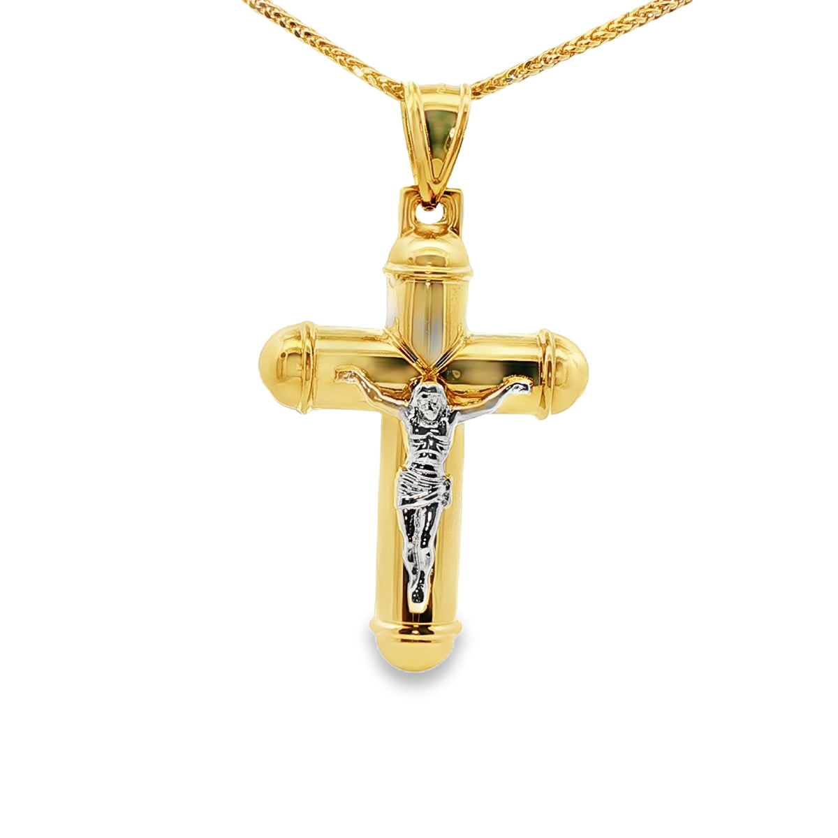 DIJE DE CRUZ EN ORO DE 14K CON FIGURA EN ORO BLANCO