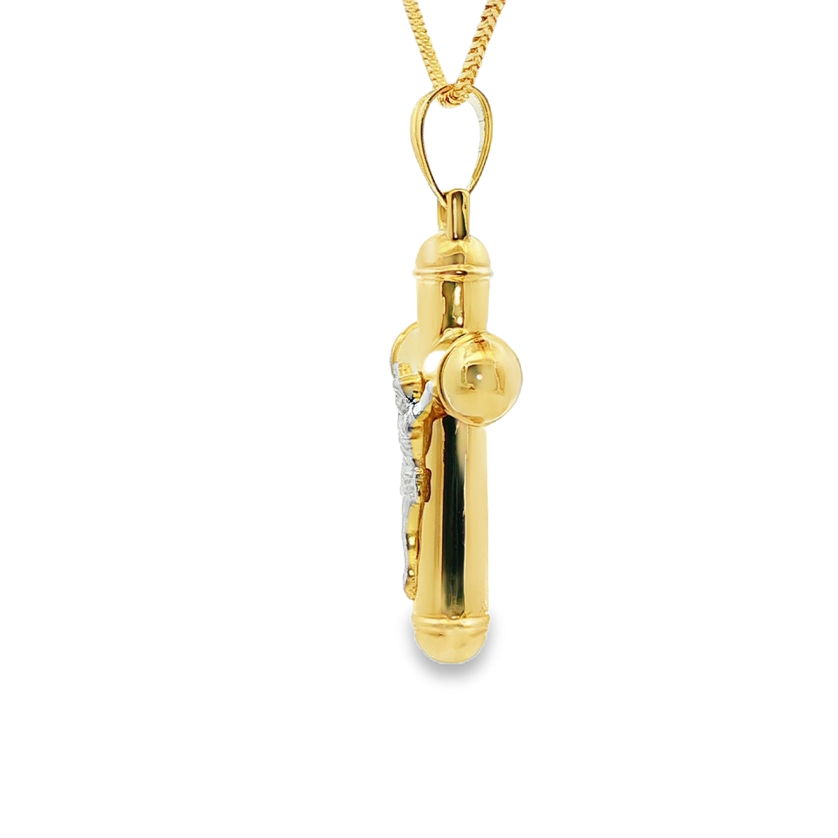 DIJE DE CRUZ EN ORO DE 14K CON FIGURA EN ORO BLANCO