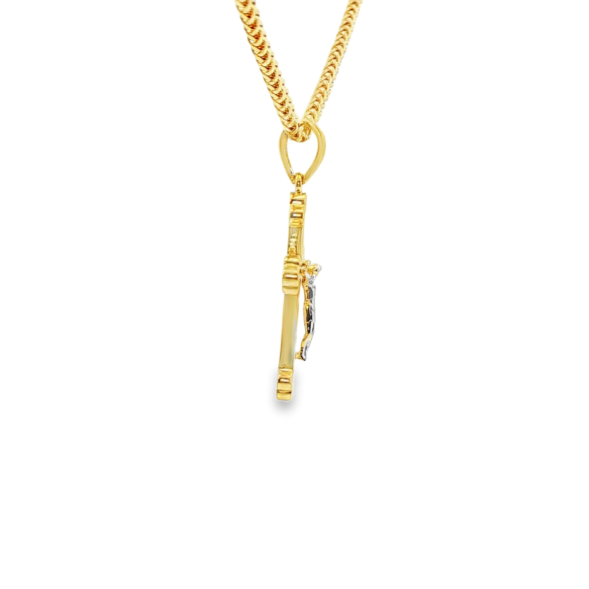 DIJE DE CRUZ EN ORO DE 14K CON FIGURA EN ORO BLANCO