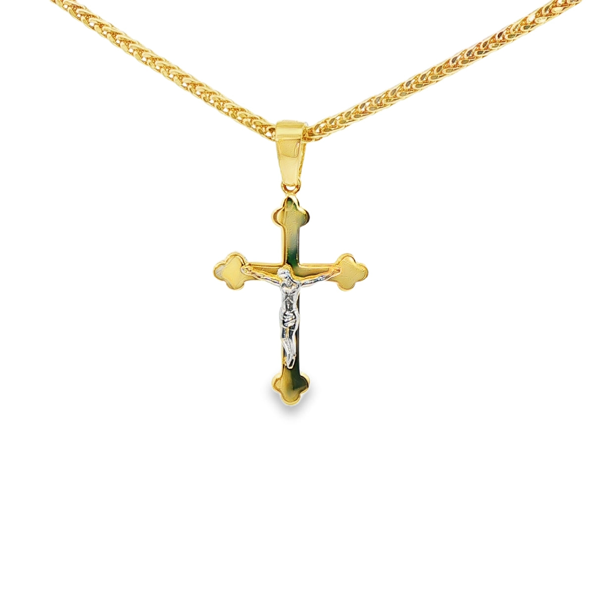 DIJE DE CRUZ EN ORO DE 14K CON FIGURA EN ORO BLANCO