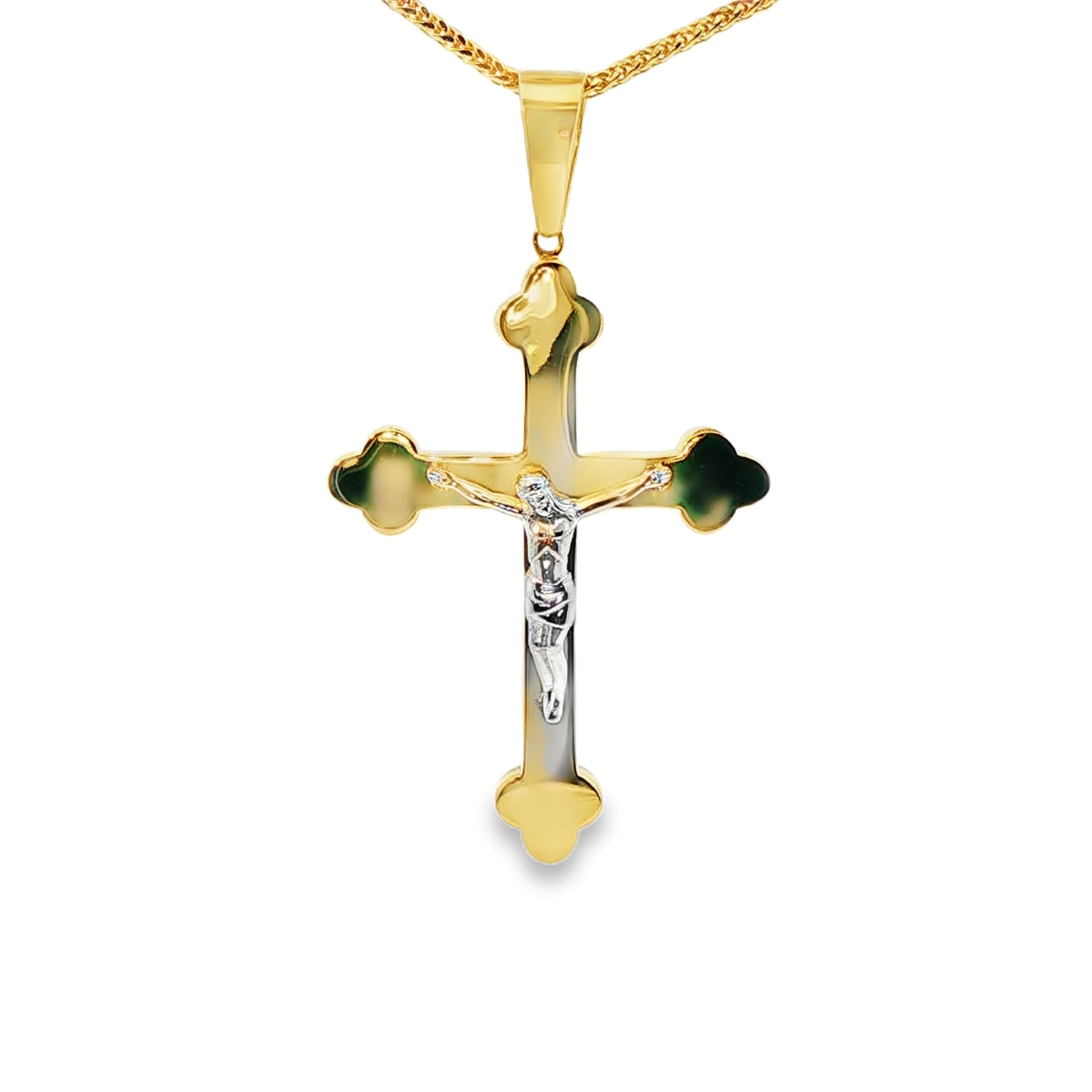 DIJE DE CRUZ EN ORO DE 14K CON FIGURA EN ORO BLANCO