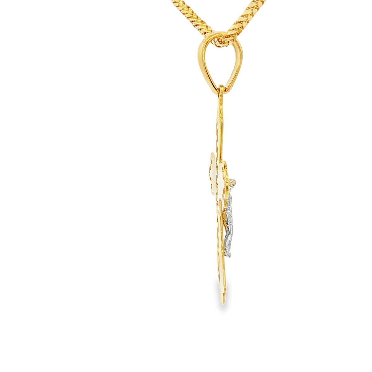 DIJE DE CRUZ EN ORO DE 14K CON FIGURA EN ORO BLANCO