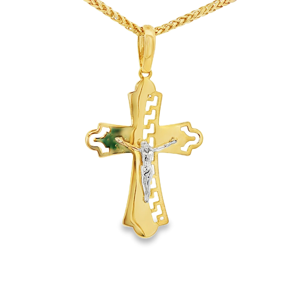 DIJE DE CRUZ EN ORO DE 14K CON FIGURA EN ORO BLANCO