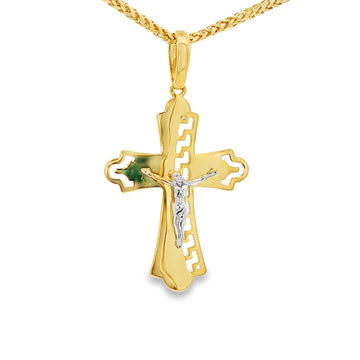 DIJE DE CRUZ EN ORO DE 14K CON FIGURA EN ORO BLANCO