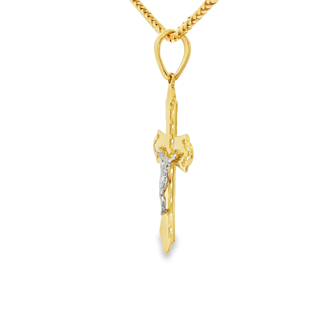 DIJE DE CRUZ EN ORO DE 14K CON FIGURA EN ORO BLANCO