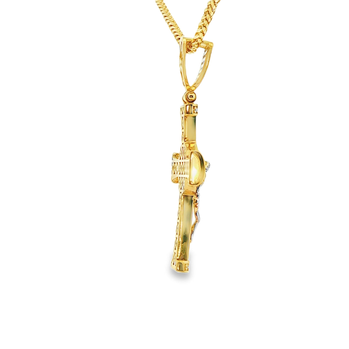 DIJE DE CRUZ EN ORO DE 14K CON FIGURA EN ORO BLANCO