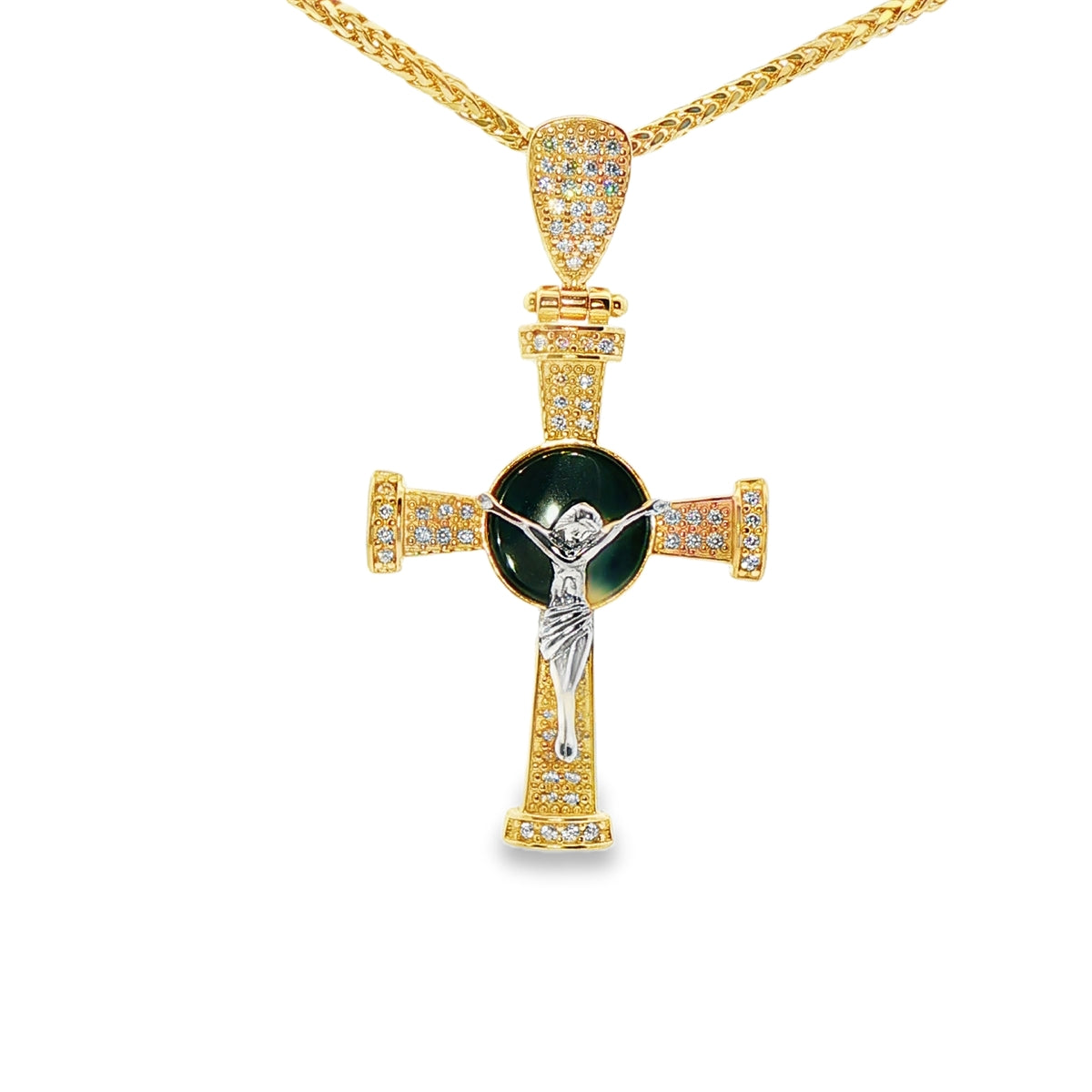 DIJE DE CRUZ EN ORO DE 14K CON FIGURA EN ORO BLANCO