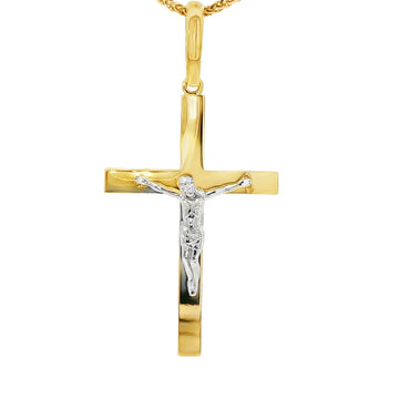 DIJE DE CRUZ EN ORO DE 14K CON FIGURA EN ORO BLANCO