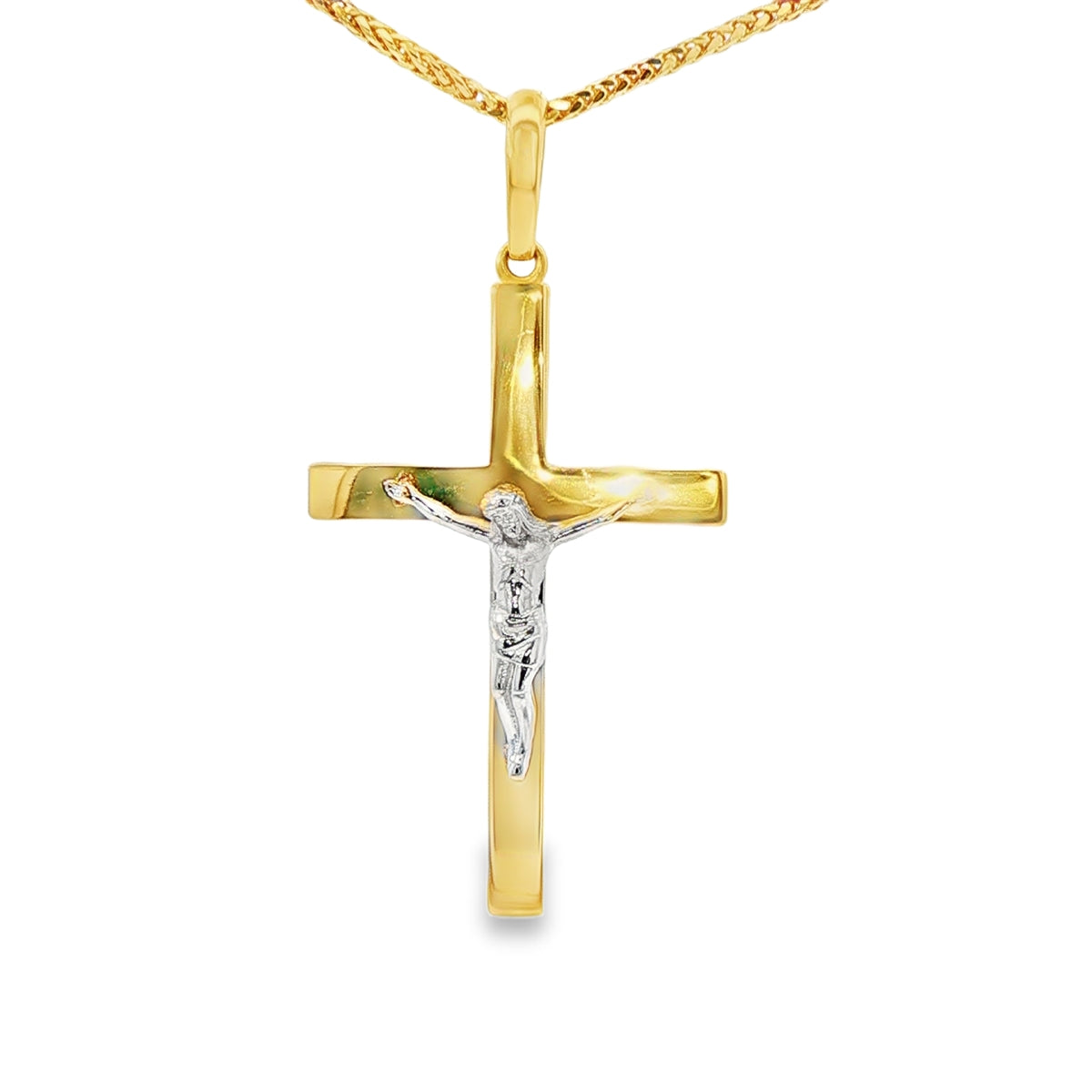 DIJE DE CRUZ EN ORO DE 14K CON FIGURA EN ORO BLANCO