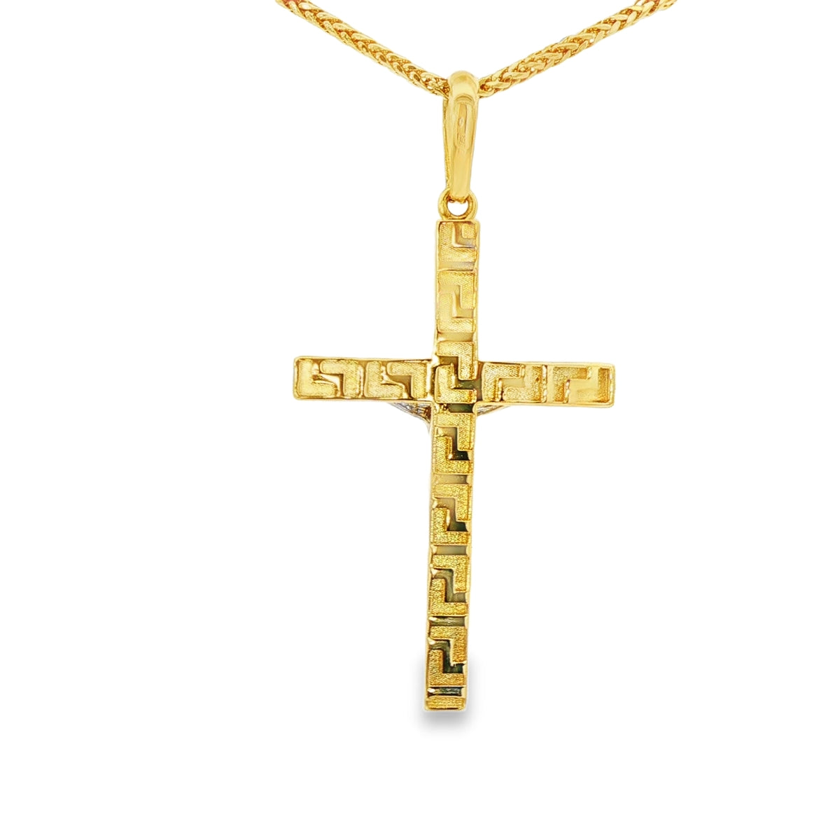 DIJE DE CRUZ EN ORO DE 14K CON FIGURA EN ORO BLANCO