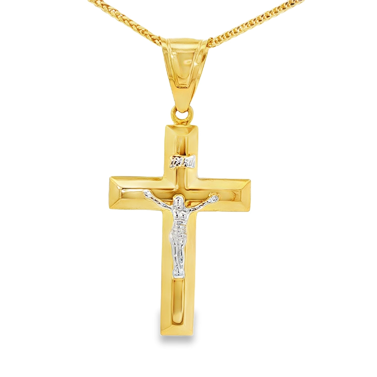 DIJE DE CRUZ EN ORO DE 14K CON FIGURA EN ORO BLANCO
