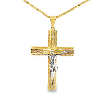 DIJE DE CRUZ EN ORO DE 14K CON FIGURA EN ORO BLANCO